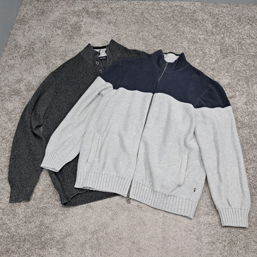 Nautica Mens Sweater Bundle Grey Mock Neck & Navy Colorblock Full Zip Cardigan